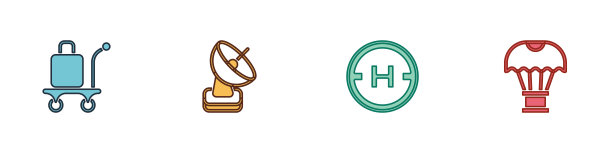 在降落伞图标上设置手推车行李、雷达、直升机降落台和箱子飞行。向量图片下载