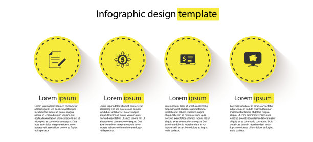 设置文件和笔，美元，共享，网络，笔记本电脑与美元和储蓄罐。业务信息模板。向量图片下载