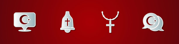 设置星星和新月，教堂钟，基督教十字架链和图标。向量图片下载