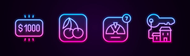 在赌场、樱桃老虎机、幸运轮和赢屋钥匙中设置奖金。发光的霓虹灯图标。向量图片下载