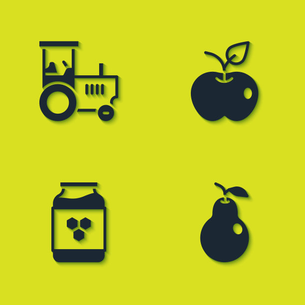 设置拖拉机，梨，蜂蜜罐和苹果图标。向量图片下载