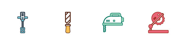 设置手动电动混凝土搅拌机，锉刀，拼图和木制品图标表。向量图片下载