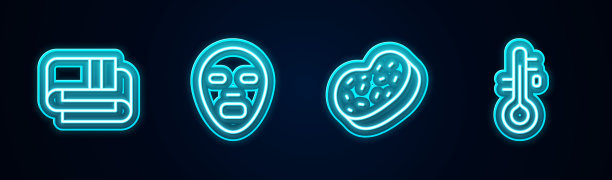 设置毛巾、面膜、浴棉、桑拿体温计。发光的霓虹灯图标。向量图片下载