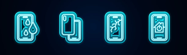 设置防水手机、智能手机、碎屏手机、智能家居。发光的霓虹灯图标。向量图片下载