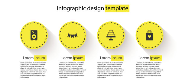 设置立体声扬声器，狂欢节花环与旗帜，蛋糕和购物袋心。业务信息模板。向量图片下载