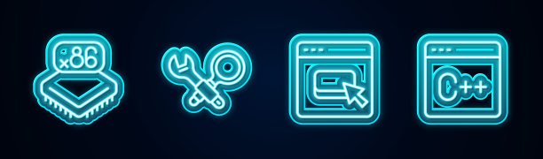 设置线处理器与微电路CPU，调试，浏览器文件和软件。发光的霓虹灯图标。向量图片下载