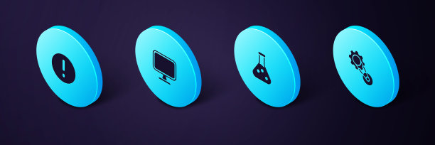 设置等距同步带套件，试管，电脑显示器和语音气泡和感叹号图标。向量图片下载