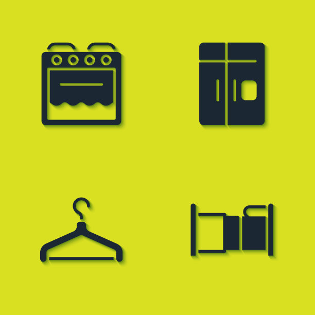 设置烤箱，床，衣架衣柜和冰箱图标。向量图片下载