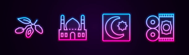 设置枣果、回教清真寺、星月、传统地毯。发光的霓虹灯图标。向量图片下载