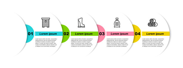 设置蜜蜂蜂箱线，防水胶靴，装满种子植物和卷干草。业务信息模板。向量图片下载