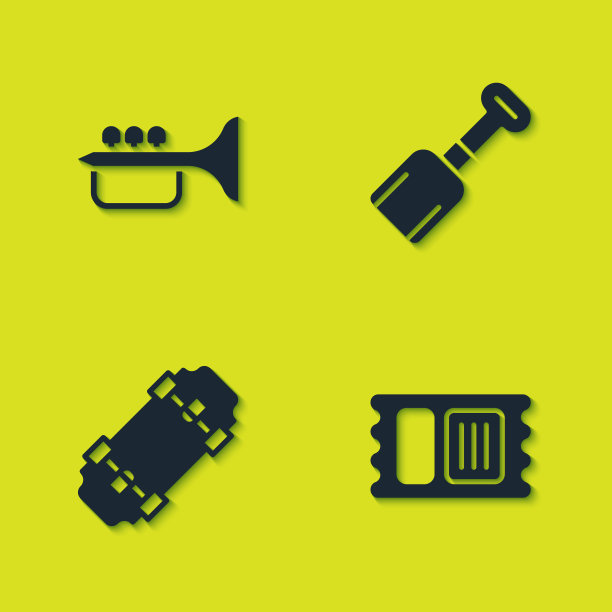 设置喇叭，马戏团票，滑板和铲玩具图标。向量图片下载