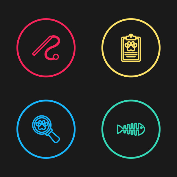 设置线兽医诊所，鱼骨架，临床记录宠物和宠物猫玩具图标。向量图片下载