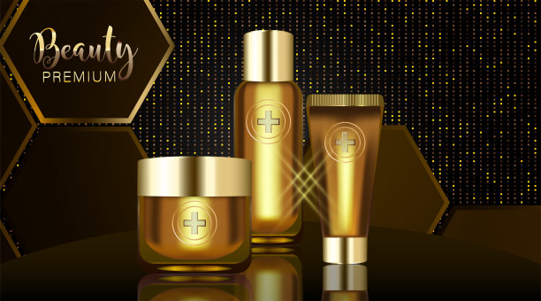 美容产品广告设计，黄金化妆品容器胶原蛋白溶液广告背景随时可用，豪华护肤横幅，图片下载