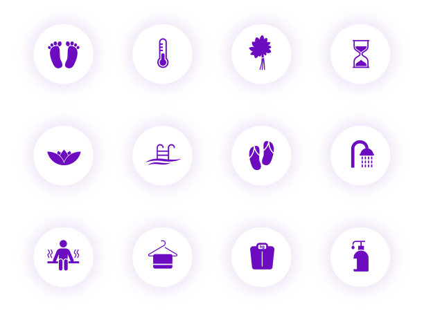 桑拿紫色矢量图标上的光圆形按钮紫色阴影。桑拿图标设置为网页，移动应用程序，UI设计和打印图片下载
