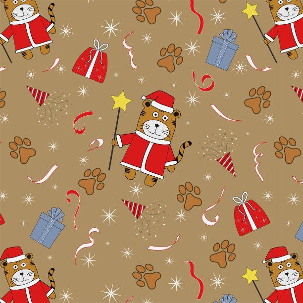 天衣无缝的图案，老虎穿着圣诞老人的服装图片下载