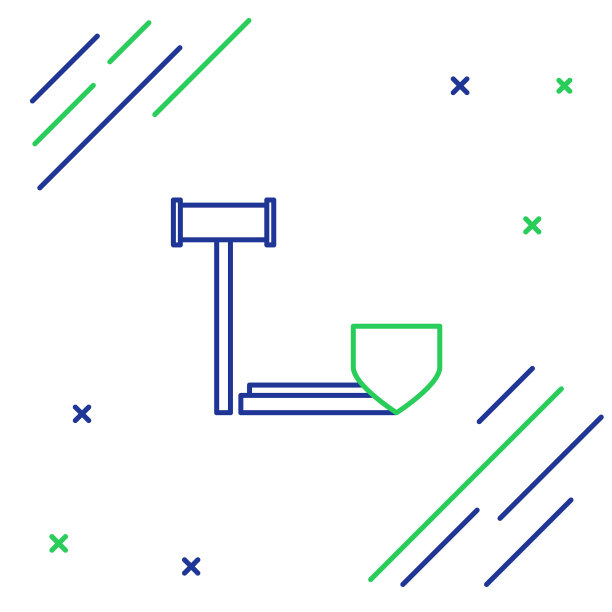 线法官木槌与盾图标孤立在白色背景上。保险的概念。安全，安全，保护，保护理念。色彩斑斓的轮廓的概念。向量图片下载