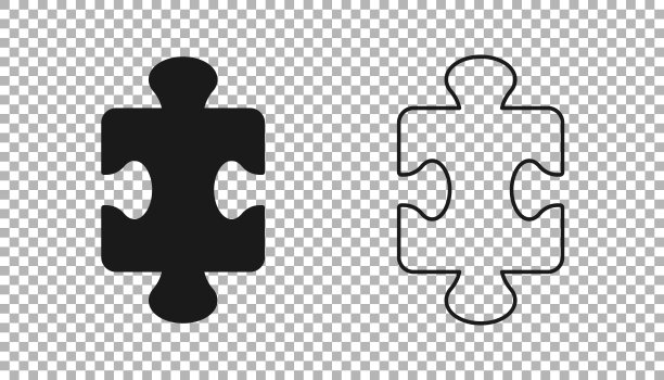 黑色拼图碎片玩具图标孤立在透明的背景。向量图片下载