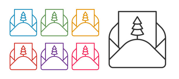 设置线信封与圣诞派对邀请卡图标孤立在白色背景上。圣诞快乐，恭贺新禧。设置图标丰富多彩。向量图片下载