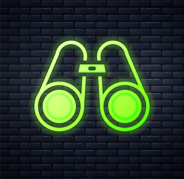 发光的霓虹灯望远镜图标孤立在砖墙背景上。找到软件的迹象。间谍设备符号。向量图片下载