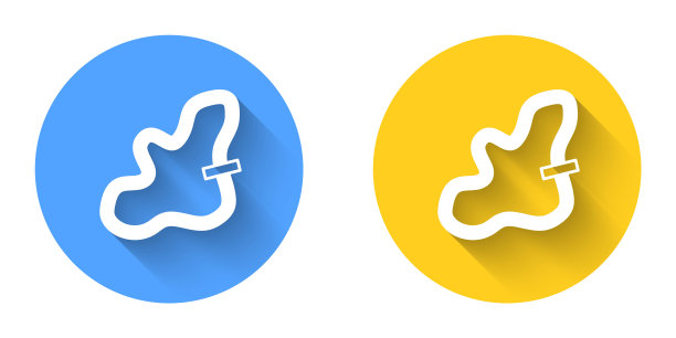 白色赛道图标孤立与长阴影背景。圆按钮。向量图片下载