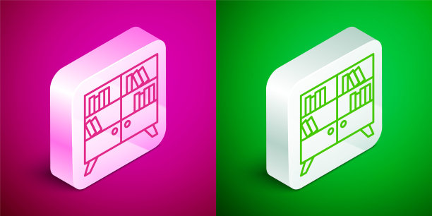 等距线图书馆书架图标孤立在粉红色和绿色的背景。银广场按钮。向量图片下载