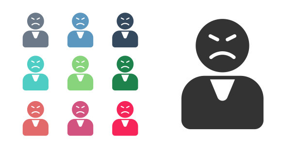 黑色愤怒的客户图标孤立在白色背景上。设置图标丰富多彩。向量图片下载