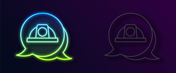 发光的霓虹灯线工人安全帽图标孤立在黑色背景上。向量图片下载