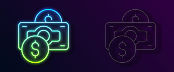发光的霓虹灯线叠纸钱现金图标孤立在黑色背景。钱钞票栈。比尔的货币。向量图片下载