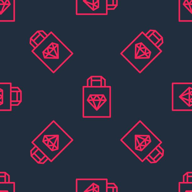 红线购物袋珠宝图标孤立无缝图案上的黑色背景。向量图片下载