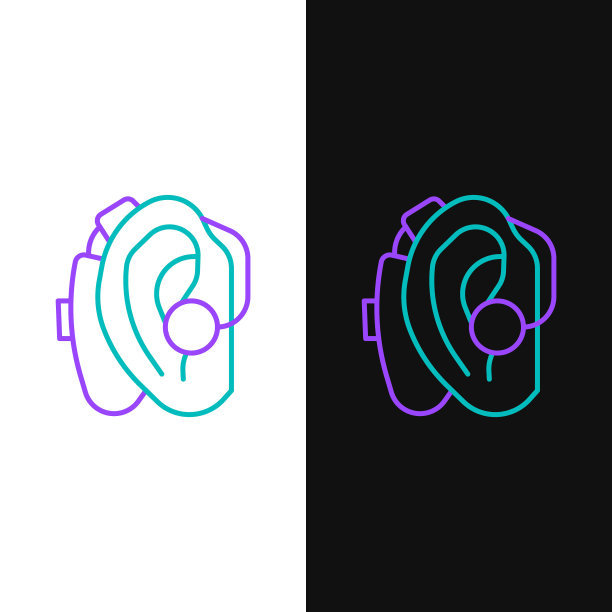 直线助听器图标孤立在白色和黑色背景上。听力和耳朵。色彩斑斓的轮廓的概念。向量图片下载