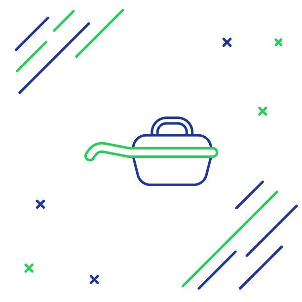 蓝和绿线煎锅图标孤立在白色背景。油炸或烧烤食品的象征。色彩斑斓的轮廓的概念。矢量图图片下载