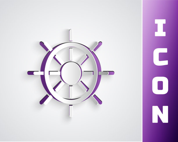 剪纸船方向盘图标孤立的灰色背景。纸艺术风格。向量图片下载