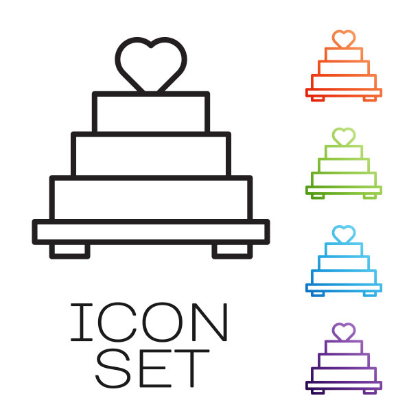 黑线婚礼蛋糕与心脏图标孤立在白色背景。设置图标丰富多彩。向量图片下载