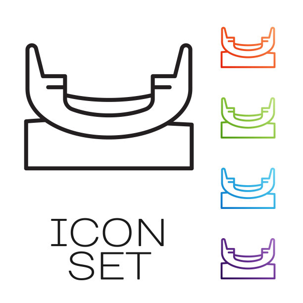 黑色线船摆动图标孤立在白色背景。儿童娱乐的游乐场。吸引乘船，荡船。游乐园。设置图标丰富多彩。向量图片下载