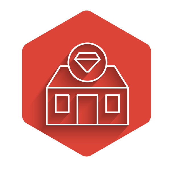 白线正面建筑立面珠宝店图标孤立与长阴影背景。红色的六角按钮。向量图片下载