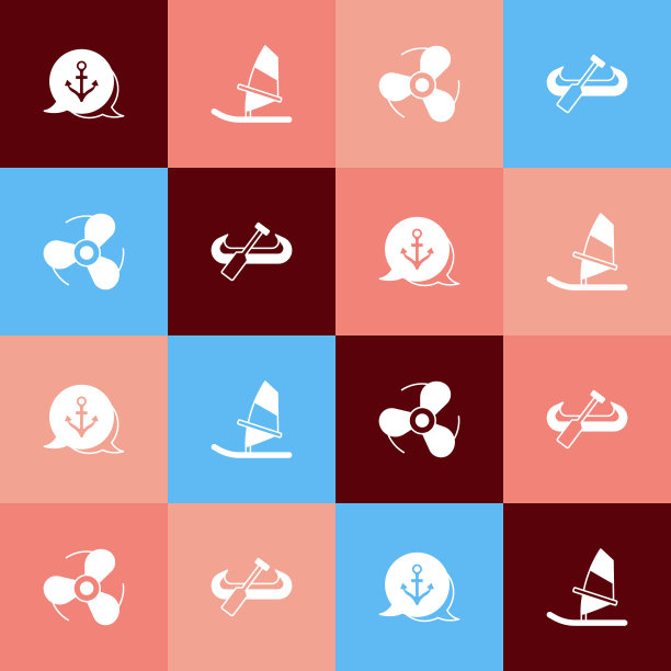 设置流行艺术锚，风帆冲浪，船螺旋桨和皮艇和桨图标。向量图片下载
