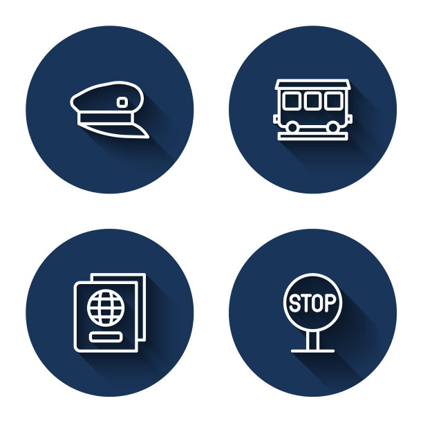 设置列车司机帽、客车车厢、护照和带有长影子的停车标志。蓝色圆按钮。向量图片下载