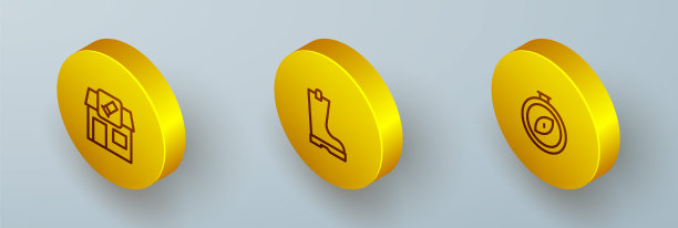 设置等距线狩猎商店，防水胶靴和指南针图标。向量图片下载