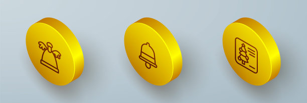 设置等距线天使，圣诞钟声和明信片图标。向量图片下载