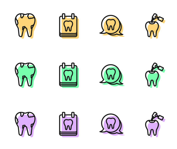 设置线牙齿，断牙，日历与龋齿和钻图标。向量图片下载