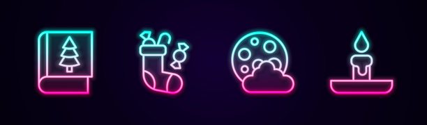 设置线圣诞书，袜子，夜晚和燃烧的蜡烛。发光的霓虹灯图标。向量图片下载