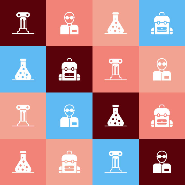 设置波普艺术法支柱，教师，试管和学校背包图标。向量图片下载