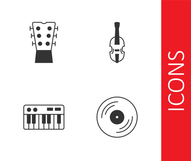 设置乙烯基磁盘，吉他颈，音乐合成器和小提琴图标。向量图片下载
