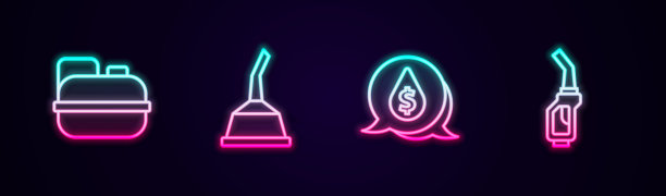设有汽油罐、马达机油、美元符号油滴和汽油泵喷嘴。发光的霓虹灯图标。向量图片下载