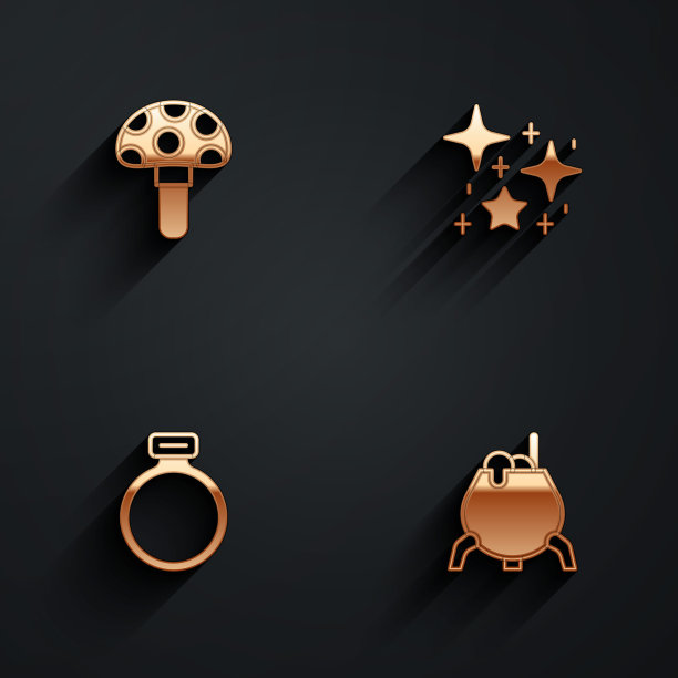 设置裸盖菇，魔法闪光粒子，石戒指和女巫坩埚图标与长阴影。向量图片下载