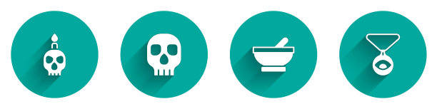 在骷髅头，骷髅头，女巫坩埚和大奖章链上设置燃烧的蜡烛，眼睛图标带长阴影。向量图片下载