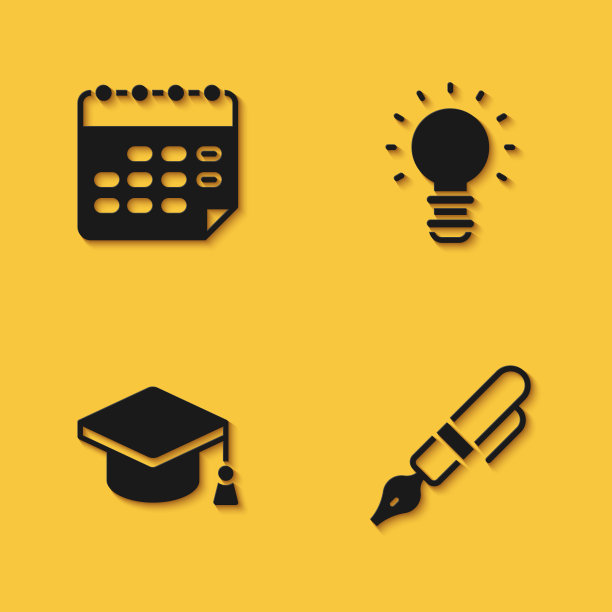 设置学校时间表，钢笔笔尖，毕业帽和创意灯灯创意图标与长阴影。向量图片下载