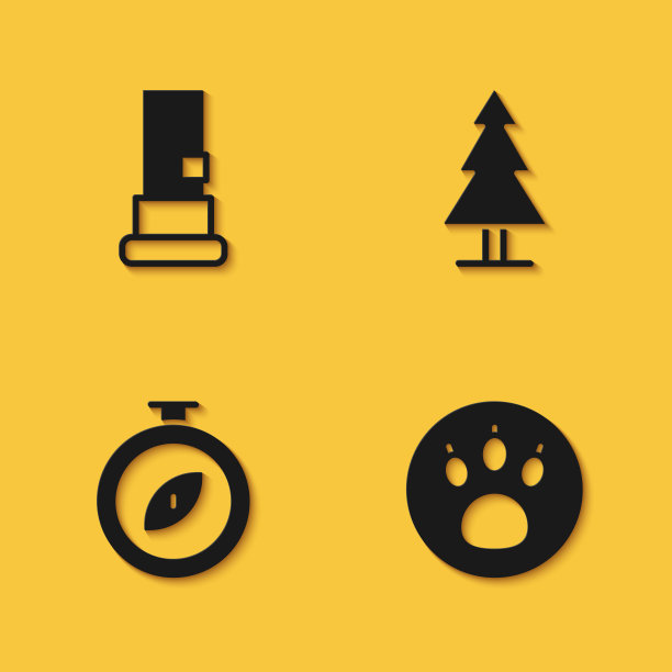 设置暗盒，爪子搜索，指南针和长阴影树图标。向量图片下载