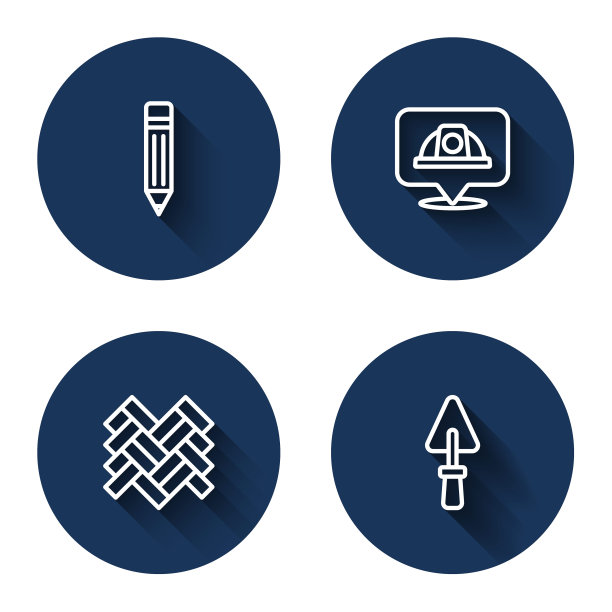 线笔与橡皮擦，工人安全帽，镶木地板和抹刀与长阴影。蓝色圆按钮。向量图片下载