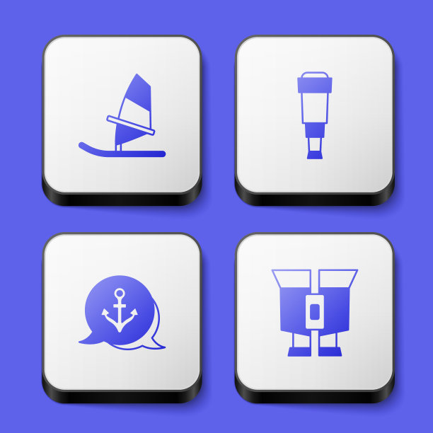 设置风帆冲浪，望远镜镜头，锚和望远镜图标。白色正方形按钮。向量图片下载